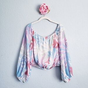 Pink Lily Multicolor Palm Long Sleeve Crop Top